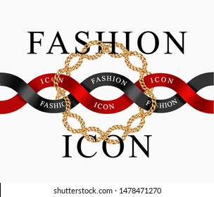 fashion icon slogan with golden chain lace circle frame and ribbon stripe 