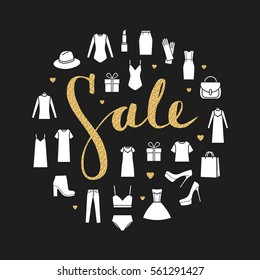 Fashion icons in circle with gold caption Sale. Isolated on black background.  Icons set of  women's clothing and accessories