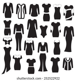 Fashion icons collection, black isolated on white background, vector illustration.