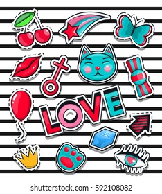 Fashion icons collection set of stickers, pop art in the style of 80th, 90th Vector Illustration isolated on white background. Animation, love, cat, candy, girls' eyes, butterfly, crown, lips, etc.