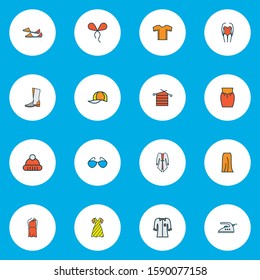 Fashion icons colored line set with sunglasses, winter hat, low bias roll and other appliance elements. Isolated vector illustration fashion icons.