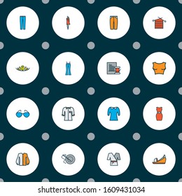 Fashion icons colored line set with blouse, sleeveless dress, platform shoes and other shirt elements. Isolated vector illustration fashion icons.