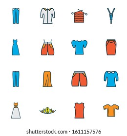 Fashion icons colored line set with knitting, pan collar, mid sleeve and other apparel elements. Isolated vector illustration fashion icons.