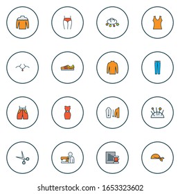 Fashion icons colored line set with trainer shoes, necklace, high waist shorts and other scissors elements. Isolated vector illustration fashion icons.