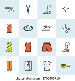 Fashion icons colored line set with boots, sleeveless shirt, crochet and other scissors elements. Isolated vector illustration fashion icons.