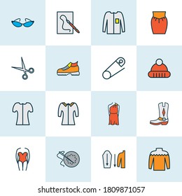 Fashion icons colored line set with tunic, cat eye sunglasses, hiking boots and other casual elements. Isolated vector illustration fashion icons.