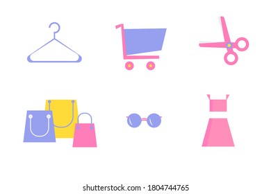 Fashion icons. Dress, cart, bags and other attributes of fashion. Flat style illustration. 