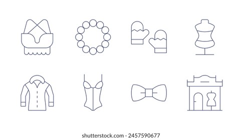 Fashion icons. Editable stroke. Containing corset, coat, beads, bra, gloves, bowtie, dummy, retailstore.