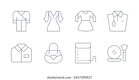 Fashion icons. Editable stroke. Containing uniform, bathrobe, bag, dress, pocket, fashion, tshirt, makeup.