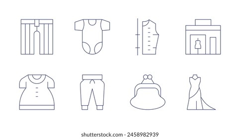 Fashion icons. Editable stroke. Containing corduroy, babydress, bodysuit, joggerpants, pattern, fashionshop, dress, purse.