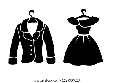 Fashion icons. Fashionable dress and jacket on a hanger. Black fashion illustration on a white background