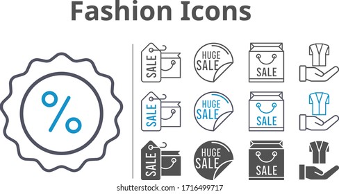 fashion icons icon set included shopping bag, sale, discount, jacket icons