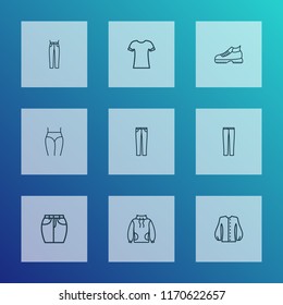 Fashion icons line style set with hiking boots, bishop sleeve shirt, jeans and other shirt design elements. Isolated vector illustration fashion icons.