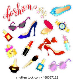 Fashion icons patch with lipstick, powder, shoes, earrings, perfume, and other items. Vector illustration on white background. Set of stickers, pins, patches in cartoon. Hand drawn vector illustration