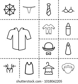 Fashion icons. set of 13 editable outline fashion icons such as lipstick, slim, hanger, bra, dress, singlet, tie, hat and moustache, umbrella, baby onesie, man hairstyle