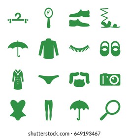 Fashion icons set. set of 16 fashion filled icons such as umbrella, baby shoes, mirror, eyelash, man hairstyle, hanger, sandals, man shoe, female underwear, corset, sweater