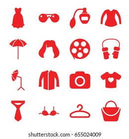 Fashion icons set. set of 16 fashion filled icons such as perfume, woman bag, hairstyle, bra, jacket, blouse, tie, mittens, t-shirt with heart, hanger, dress, camera