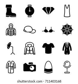 Fashion icons set. set of 16 fashion filled and outline icons such as gem, bra, t-shirt, bag, boot, jacket, camera, studio umbrella, umbrella, wrist watch, mirror, singlet