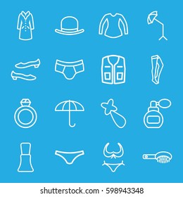 fashion icons set. Set of 16 fashion outline icons such as perfume, hair brush, hat, bikini, nail polish, hair barrette, tights, shoe, man underwear, female underwear, blouse