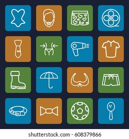 Fashion icons set. set of 16 fashion outline icons such as hair dryer, man hairstyle, mirror, bra, slim, belt, corset, T-shirt, bow tie, tie, boot, underwear with heart