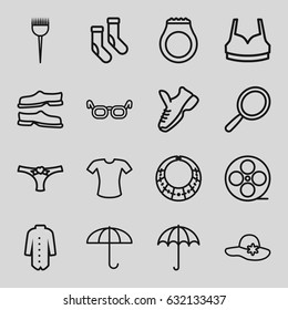 Fashion icons set. set of 16 fashion outline icons such as umbrella, barber brush, mirror, woman hat, socks, slippers, sport bra, t-shirt, jacket, panties with heart