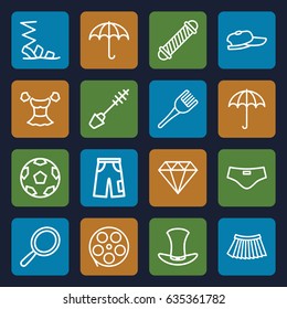 Fashion icons set. set of 16 fashion outline icons such as umbrella, mirror, hair curler, mascara, coloring brush, sandals, blouse, pants, skirt, hat, man swim wear, gem