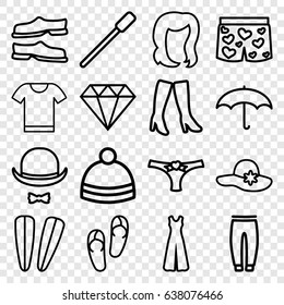 Fashion icons set. set of 16 fashion outline icons such as nailfile, hairstyle, woman hat, flip flops, hair barrette, slippers, woman boots, underpants, jumpsuit, winter hat