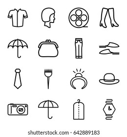 Fashion icons set. set of 16 fashion outline icons such as barber brush, ring, clothes on hanger, slippers, woman boots, jacket, woman pants, woman hat, movie tape, camera