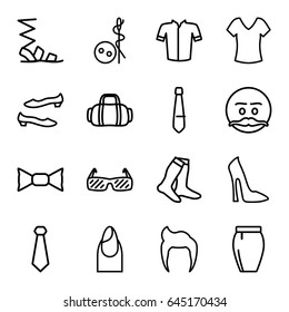 Fashion icons set. set of 16 fashion outline icons such as man hairstyle, nail, woman shoe, needle button, shirt, socks, sandals, shoe, jacket, bow tie, skirt, tie, sunglasses