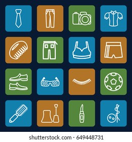 Fashion icons set. set of 16 fashion outline icons such as comb, hair brush, eyelash, nail polish, needle button, lipstick, man shoe, sport bra, blouse, pants, camera, tie