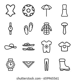 Fashion icons set. set of 16 fashion outline icons such as baby onesie, nail polish, flip flops, slippers, boot, corset, tie, cravat, woman pants, overcoat, t-shirt with heart