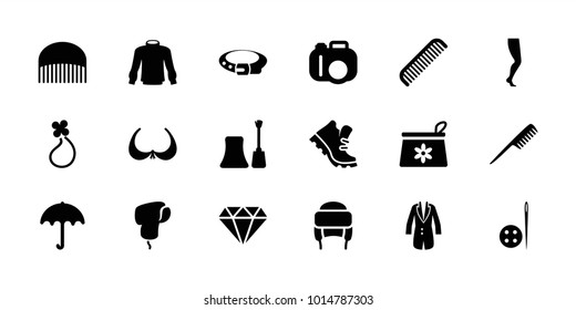 Fashion icons. set of 18 editable filled fashion icons: umbrella, comb, make up bag, bra, nail polish, diamond, belt, winter hat, camera, jacket, needle button, hair barrette