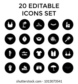 Fashion icons. set of 20 editable filled fashion icons such as salon hair dryer, eyelash, hanger, tights, slippers. best quality fashion elements in trendy style.