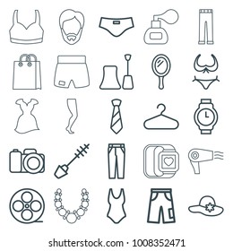 Fashion icons. set of 25 editable outline fashion icons such as mirror, mascara, nail polish, bikini, woman hat, hanger, pants, swim suit, movie tape, tie, camera