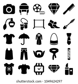 Fashion icons. set of 25 editable filled fashion icons such as baby onesie, comb, perfume, mascara, hanger, singlet, blouse, t-shirt, tie, bag, winter hat, camera, wrist watch