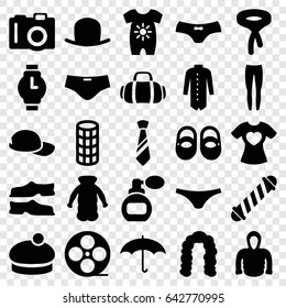 Fashion icons set. set of 25 fashion filled icons such as camera, baby onesie, baby shoes, perfume, hat, hair curler, hairstyle, slippers, female underwear, underpants, tie