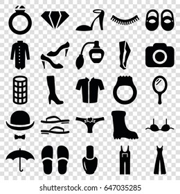 Fashion icons set. set of 25 fashion filled icons such as baby shoes, mirror, nail polish, perfume, gem, eyelash, woman boot, hair curler, heel sandals, tights, slippers, shoe