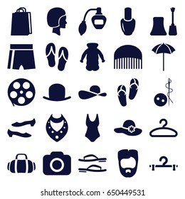 Fashion icons set. set of 25 fashion filled icons such as nail polish, perfume, comb, hat, man hairstyle, woman hat, flip flops, needle button, necklace, hanger, shoe