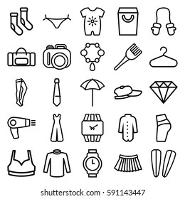 fashion icons set. Set of 25 fashion outline icons such as baby onesie, baby mitten, hair dryer, panties with heart, necklace, coloring brush, hair barrette, Diamond, hanger