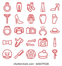 Fashion icons set. set of 25 fashion outline icons such as comb, man hairstyle, ring, woman shoe, heel sandals, socks, shoe, underpants, tie, jumpsuit, skirt, woman hat