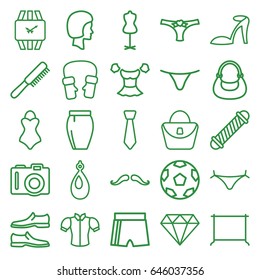 Fashion icons set. set of 25 fashion outline icons such as camera, comb, mustache, hair curler, panties with heart, woman bag, diamond, heel sandals, earring, hanger