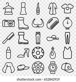 Fashion icons set. set of 25 fashion outline icons such as comb, lipstick, bra, nail polish, hairstyle, hanger, heel sandals, earring, boot, singlet, underpants, woman pants