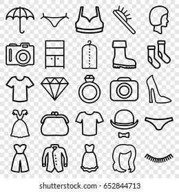 Fashion icons set. set of 25 fashion outline icons such as camera, eyelash, panties with heart, hairstyle, hair brush, woman shoe, clothes on hanger, wardrobe, socks