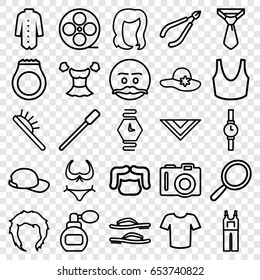 Fashion icons set. set of 25 fashion outline icons such as camera, perfume, mirror, nailfile, man hairstyle, hairstyle, woman in spa, hair brush, bikini, woman hat, sport bra
