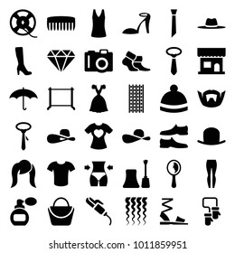 Fashion icons. set of 36 editable filled fashion icons such as camera, perfume, beauty salon, hat, woman bag, nail polish, woman boot, diamond, heel sandals, hair curler