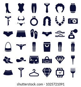 Fashion icons. set of 36 editable filled fashion icons such as barber brush, hairstyle, bikini, diamond, hanger, female underwear, underpants, bag, woman pants, skirt