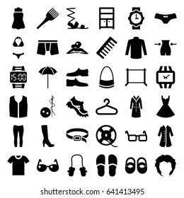 Fashion icons set. set of 36 fashion filled icons such as baby shoes, baby mitten, woman in spa, comb, woman boot, hairstyle, needle button, slim, coloring brush, hanger