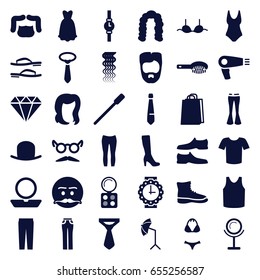 Fashion icons set. set of 36 fashion filled icons such as hair dryer, hair brush, nailfile, hat, curly hair, hairstyle, man hairstyle, powder, mirror, woman boot