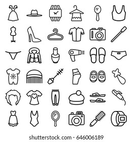 Fashion icons set. set of 36 fashion outline icons such as camera, baby onesie, baby shoes, mirror, nail polish, hanger, hair dryer, hair brush, nailfile, comb, mascara