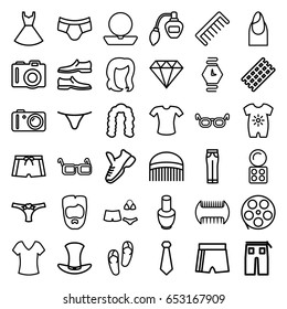 Fashion icons set. set of 36 fashion outline icons such as camera, baby onesie, comb, nail polish, perfume, hair curler, hairstyle, man hairstyle, nail, powder